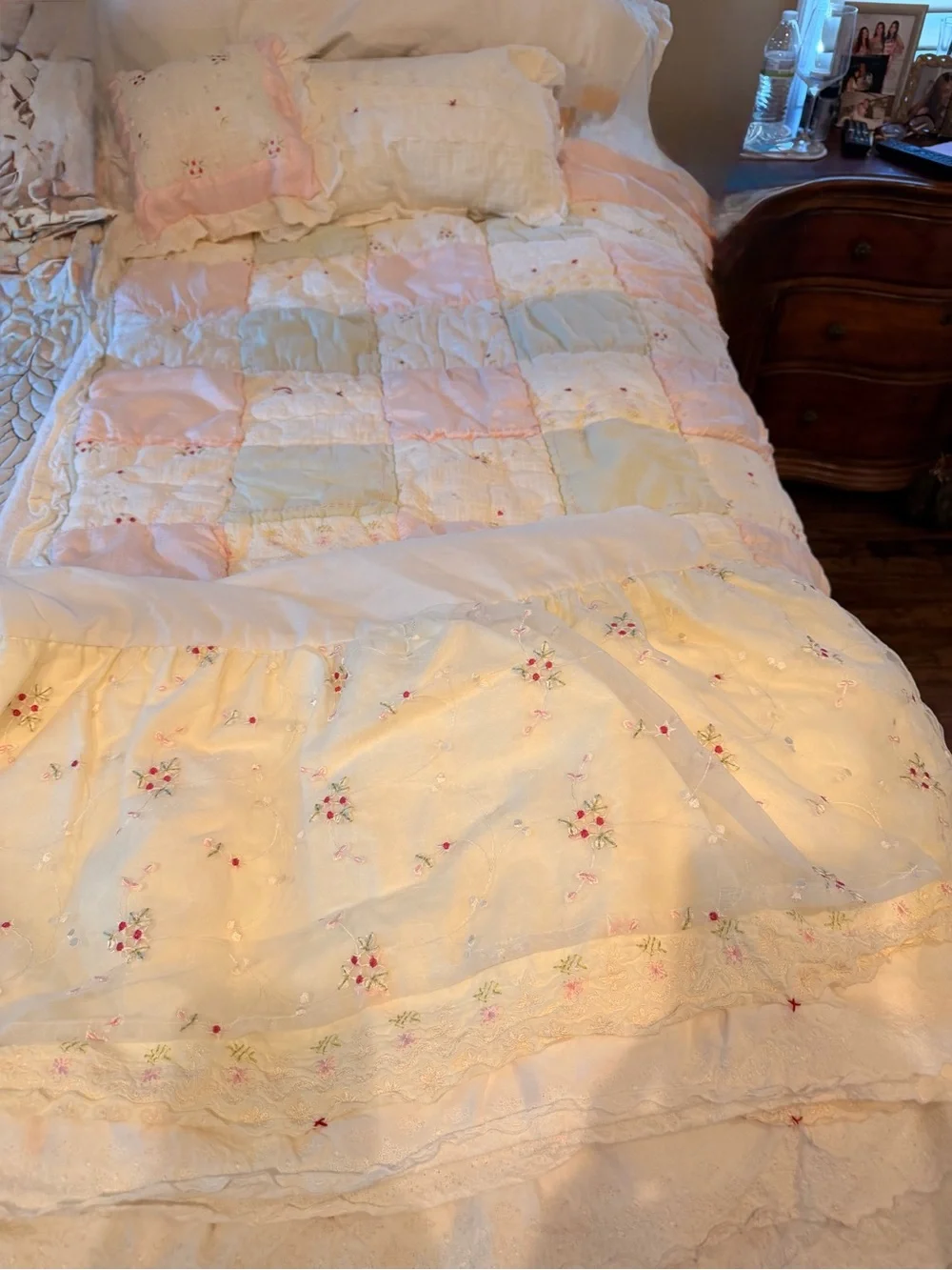 Cream Patchwork Quilt Bedspread with Pink & Blue Accents